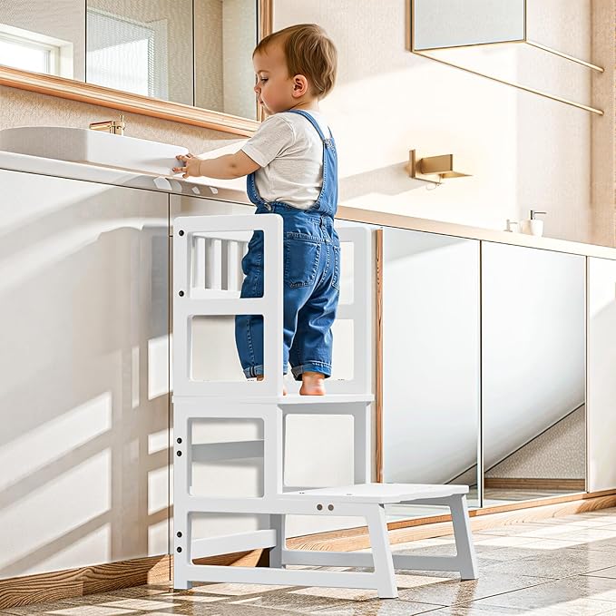 COSYLAND Toddler Step Stool with Removable Protective Side Guard – Stable Kid's Learning Stool for Bathroom Potty, Kitchen, Bedroom – Counter Helper with Armrest – White