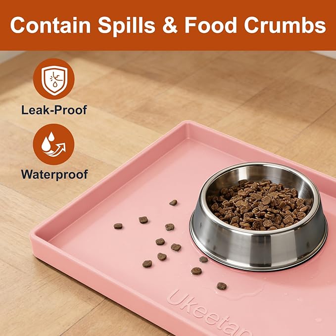 ukeetap Extra Thick Silicone Mat Waterproof with Raised Edge 19” x 12”, BPA Free Non-Slip Dog & Cat Food Mat, Feeding Mat for Food and Water Bowls, Spill Proof Mat to Protect Floors, Pink