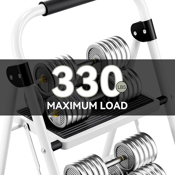 KINGRACK 2 Step Ladder, Folding Step Stool with Anti-Slip and Wide Pedal, Lightweight Stepladder with Handrails, Portable for Kitchen, Household, 330LBS, White