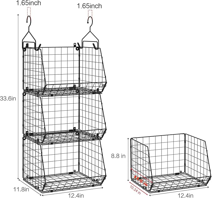 X-cosrack 3-Tier Hanging Closet Organizer, Laundry Room Organization | Space Saving Shelves with 1.65" Hook & 5 S-Hooks | Hanging Wire Baskets (12.4" W x 8.8" H x 10.24-11.8" D)