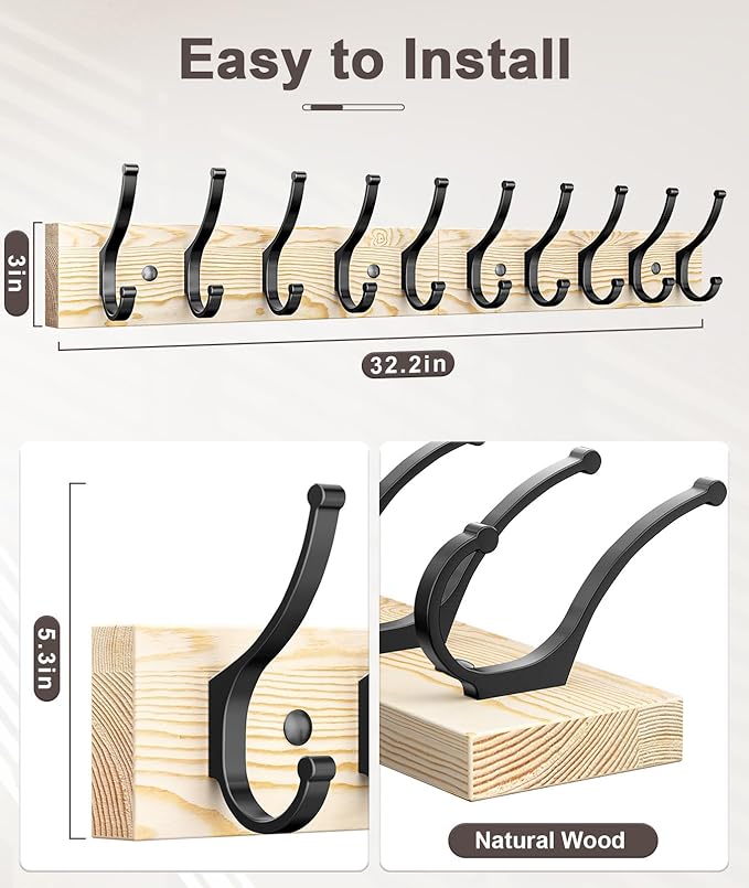Optish 1 Pack Wooden Coat Rack Wall Mount, 16.1" Rustic Coat Hanger Hooks with 5 Double Hooks, Wall Coat Rack for Hat, Clothes, Bags, Jacket, Natural Wood