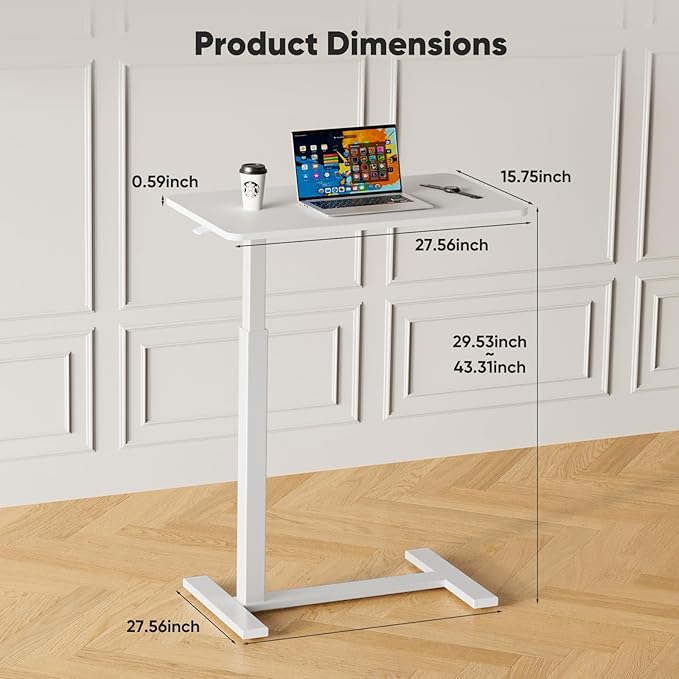 Sweetcrispy Overbed Bedside Table with Wheels, Adjustable Hospital & Home Use Bed Table, Rolling Laptop Table, Mobile Standing Desk, White