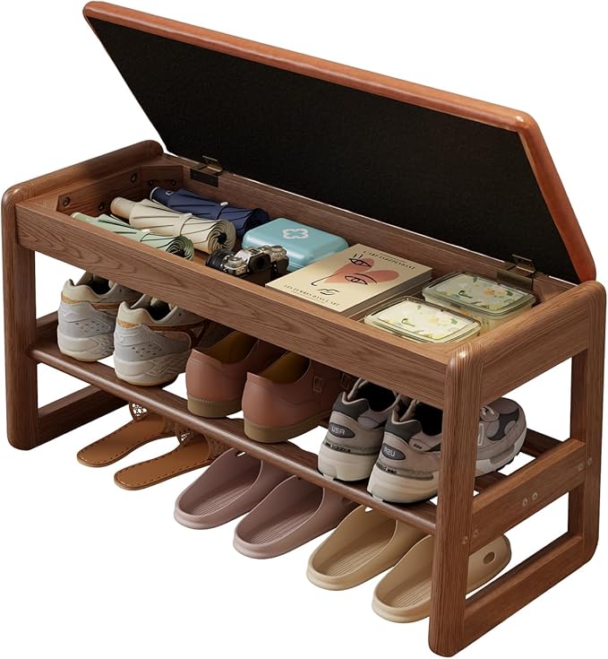 AQIMUELE Shoe Rack Bench,2 Tiers Shoe Bench with Storage with Flip-Top,Wood Shoe Rack for Entryway,Hallway（Orange Upholstered Seat,11.8" D x 31.5" W x 15.7" H）