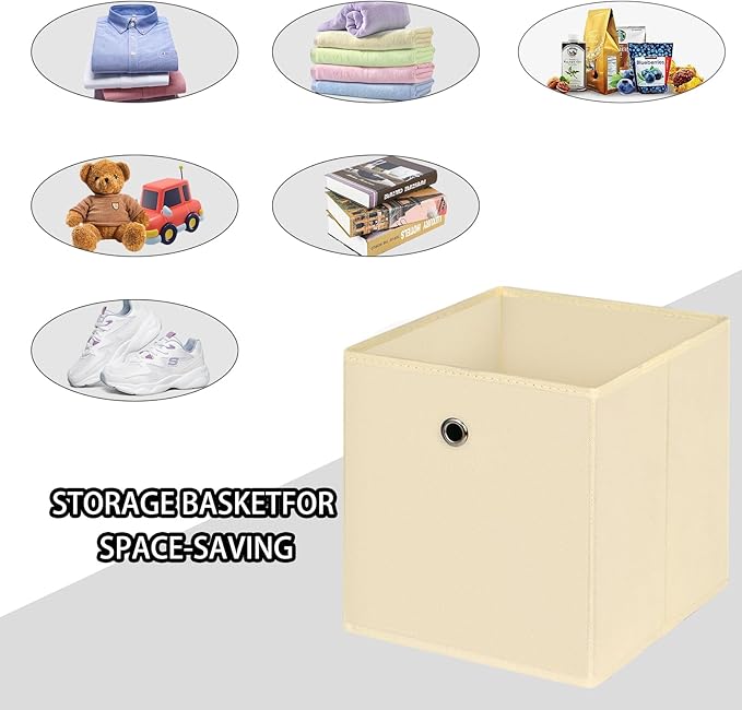 Foldable Storage Cubes Bins ,11 Inch Cloth Storage Cube Fabric Storage Box Cubes Organizer Baskets with Handles for Home Organizer Set of 6 (Creamy-White)