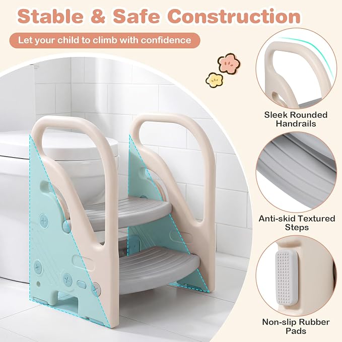 Costzon Toddler Step Stool for Bathroom Sink, Adjustable 2-Step Kids Helper Stool with Safety Handles & Non-Slip Pads, Convertible Plastic Ladder for Bedroom Kitchen Counter Potty Training, Grey