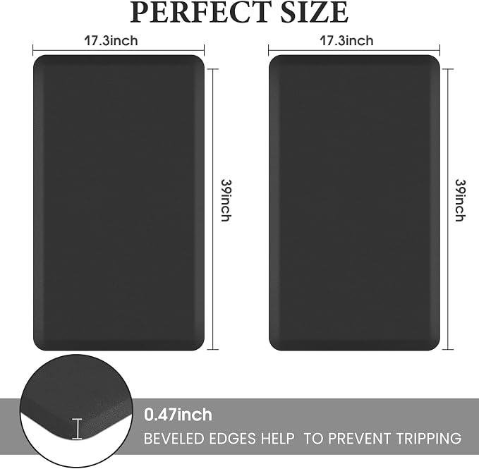 HappyTrends 2 PCS Kitchen Mat Cushioned Anti-Fatigue Floor Mat, Heavy Duty Ergonomic Comfort Foam Standing Mat, Waterproof Non-Slip Kitchen Rugs for Home, Office(17.3"x39"+17.3"x39",Black)