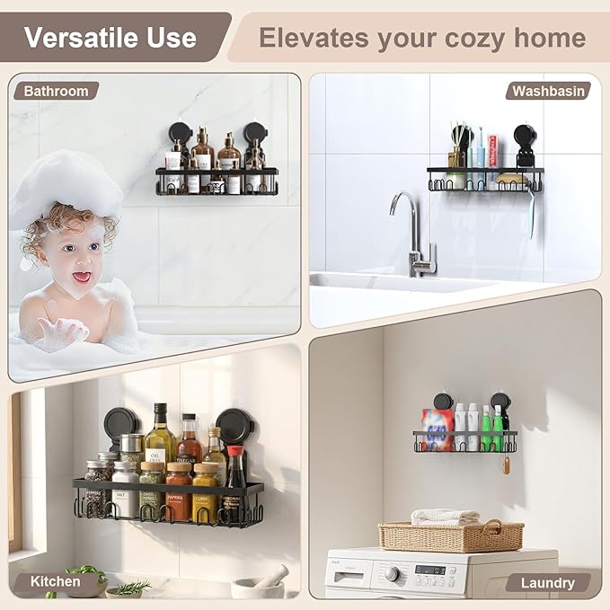 JOTPE Shower Caddy Suction Cup, Powerful Suction Storage Shelf Holds Up to 40 lbs, No Drilling Bathroom Organizer with Large Capacity, Removable & Reusable Shower Basket with Hooks, Rustproof, Black