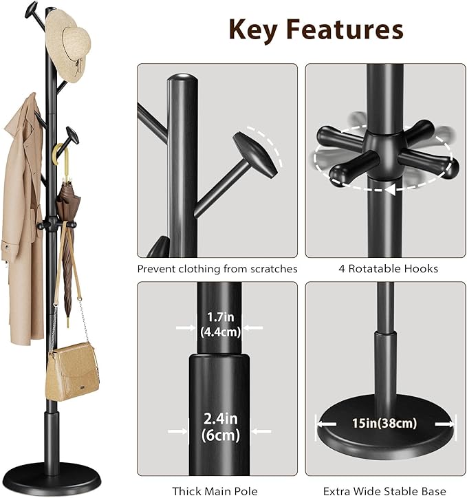 Taitiy Solid Wood Coat Rack Freestanding Coat Tree with 10 Hooks for Bedroom, Livingroom, Entryway, Sturdy Coat Hanger Stand for Hats, Coats, Scarves, Handbags, Purses