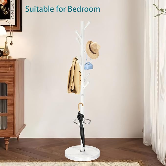 OIRUMIE Coat Rack with Natural Marble Base, Metal Coat Racks Freestanding, Modern Coat Rack Stand with 8 Hooks& Umbrella Holder, White Coat Clothes Tree Hats Hanger Stand for Entryway, Hallway