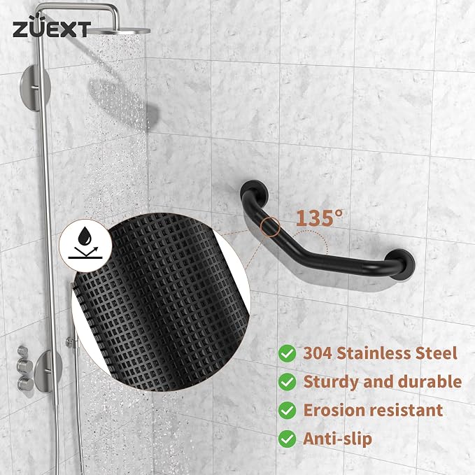 16 Inch Angled Grab Bar 2 Pack, ZUEXT Anti Slip Black Shower Grab Bar Handles, Stainless Steel Knurled Bathroom Balance Bar, Safety Hand Rail Support,Handicap Elderly Injury Senior Assist Bath Handle