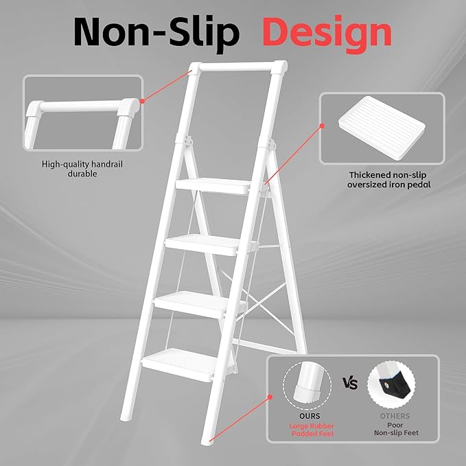 Foldable Step Ladder Stool for Home,4 Step Stool with Wide Anti-Slip Pedal, Heavy Duty 600Lbs Ladder for Indoor Kitchen Closet Stair Use, White