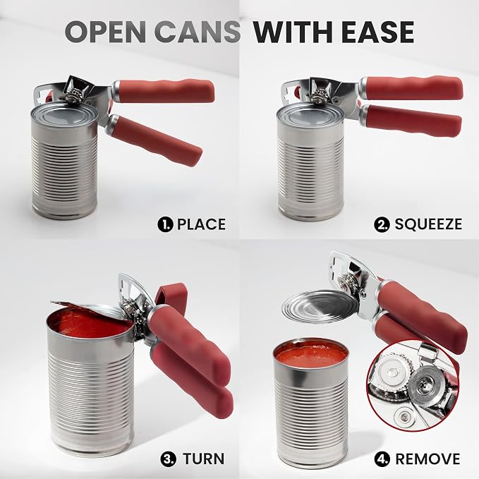Zulay Kitchen Heavy Duty Stainless Steel Can Opener Manual with Bottle Opener - Rust Proof Manual Can Opener With Turn Knob & Comfy Soft Grip Handles - Red