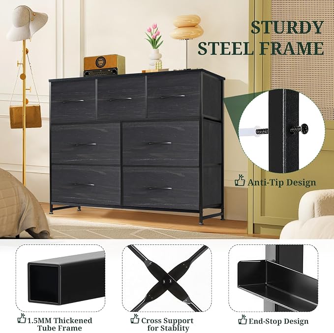 7-Drawer Dresser for Bedroom, Anti-Tip Wide Storage Organizer Fabric Chest of Drawers TV Stand for 45" TV with Wooden Top and Metal Frame for Closet, Living Room, Hallway, Entryway, Charcoal Black