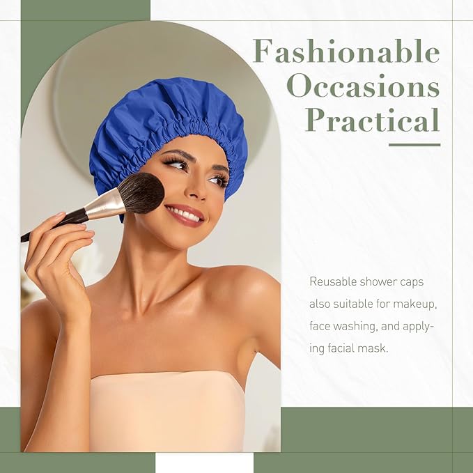 Reusable Shower Cap for Women, Large Waterproof Shower Bonnet with Elastic Band, Washable Bath Hair Cap for Long, Curly Hair, Braids, Daily Shower, Home Spa, Travel(Dark Blue)