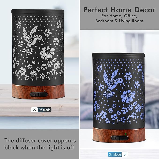 EQUSUPRO Essential Oil Diffuser 150ml Black Metal Aromatherapy Oil Diffuser Ultrasonic Cool Mist Diffuser with Auto Shut-Off Protection,7 Colors Changed LED for Home Office SPA Yoga