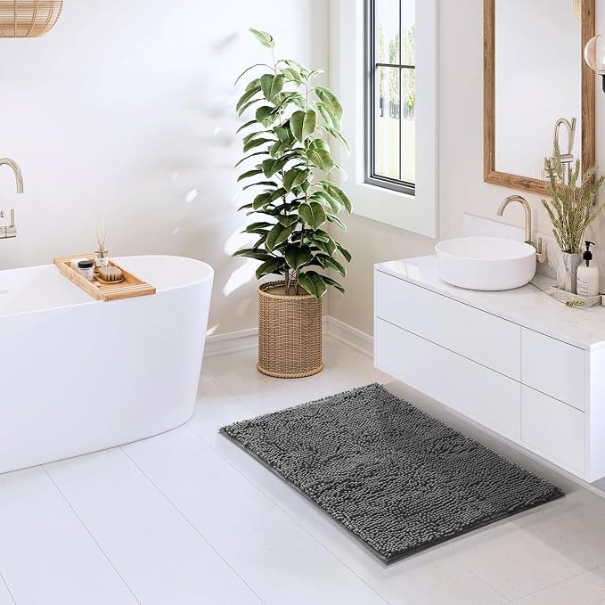 Hearth & Harbor Bathroom Rugs, Chenille Bath Mat - Machine Washable Bath Mats for Bathroom Non-Slip Backing Rubber, Quick Dry Bathroom Mat