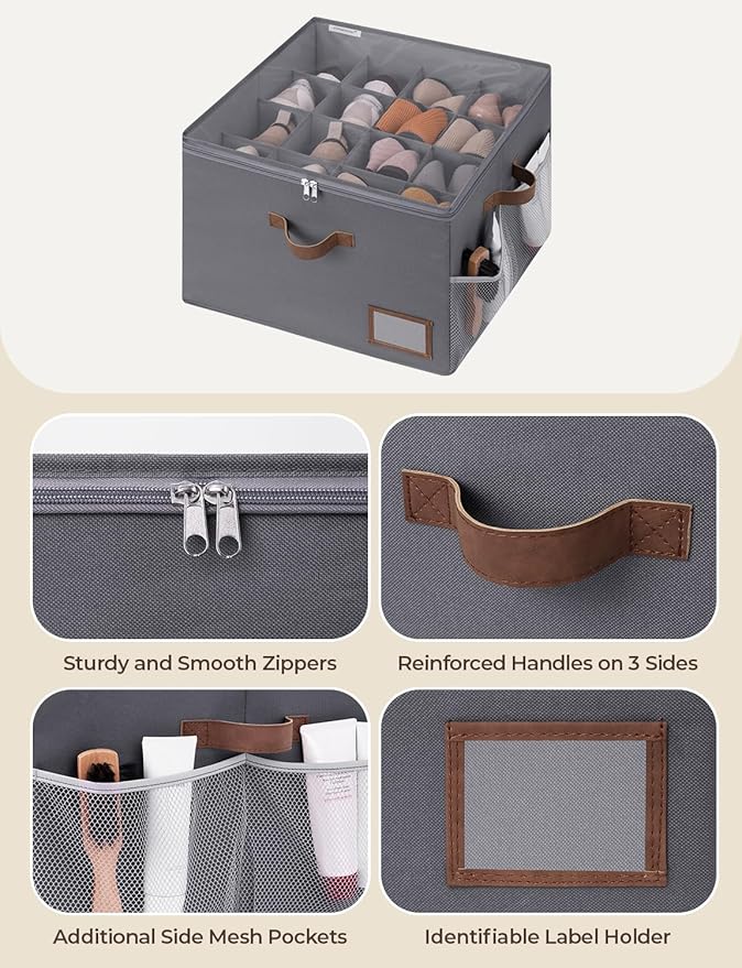 StorageWorks Shoe Organizer for Closet, Fabric Shoe Storage Boxes for Slippers and Sandals, Stackable Shoe Bins for Closet with Side Mesh Pockets, Holds Up to 16 Pairs, Grey