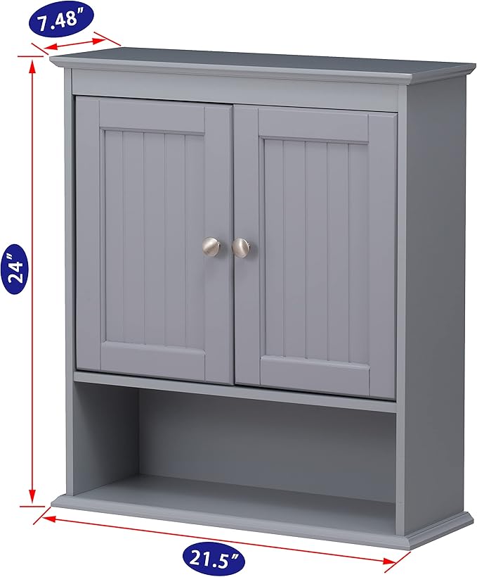 Spirich Bathroom Wall Cabinet, Wall Mounted Medicine Cabinet Organizer, Over The Toilet Storage Cabinet with Doors and Shelves, Gray