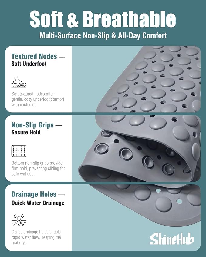 Non Slip TPE Bath Mat, Heavy Non Floating Shower Mat, 28x16, Gray | Strong grip, 166 suctions, 144 drains, 7mm extra-thick cushioned layer, washable, for bathroom shower tub floor