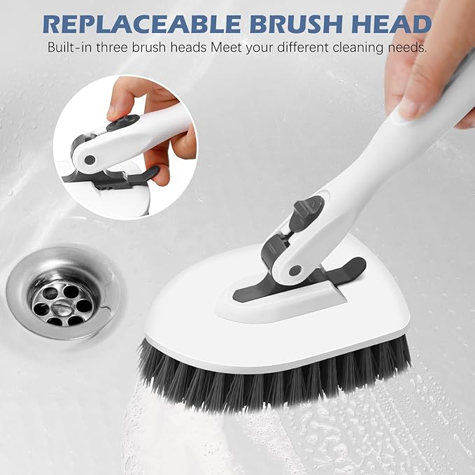 SetSail Floor Scrub Brush, 3-in-1 Tile Tub Floor Scrubber with 52-inch Adjustable Long Handle Shower Cleaner Brush and 3 Detachable Replacement Brush Heads for Cleaning Bathroom Tub Tile, White Grey