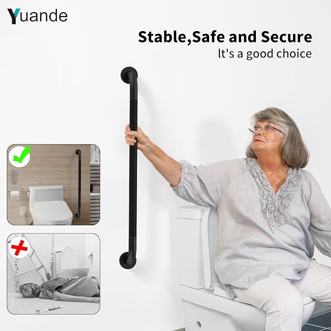 32 Inch Black Shower Grab Bar with Anti-Slip Knurled Grip,YuanDe Stainless Steel Bathroom Grab Bars，Shower Handrail Support, Handicap Elderly Balance Assist Handles