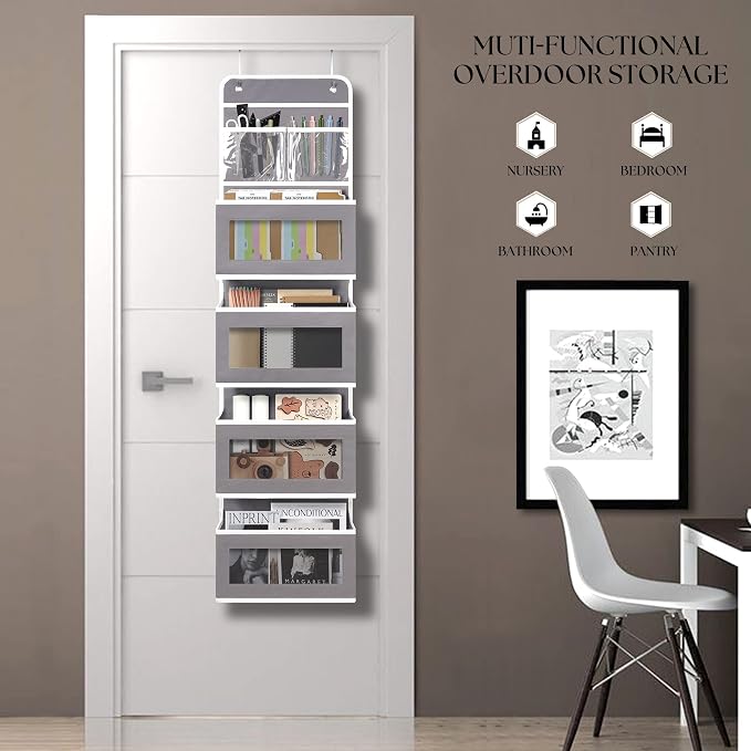 Giraffe Creation Gray Over Door Organizer with 4 Large Clear Pockets, Neutral Hanging Door Storage for Closet, Bathroom, Bedroom, Dorm, Nursery, Toys, Toiletries