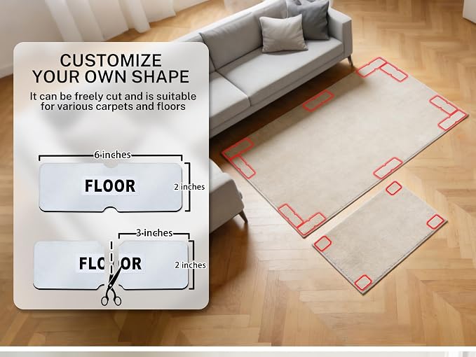 Rug Non Slip Grippers, Reusable Rug Tape, No Damaging for Hardwood Floors, Carpet Grippers Stickers Pads for Area Rugs Corners Flat, 12Pcs