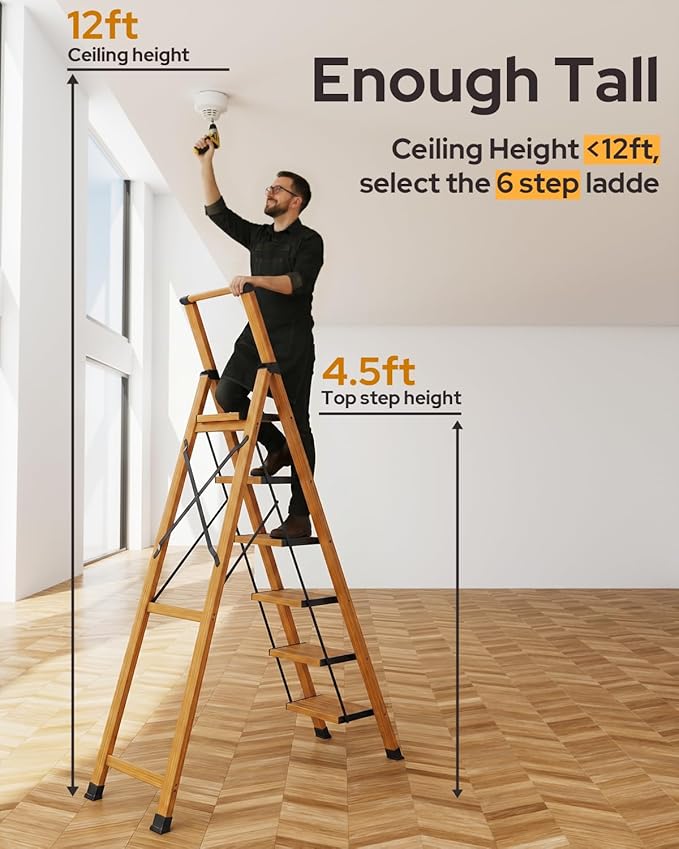 6 Step Ladder for 12ft High Ceiling, Lightweight Aluminum Folding Step Stool with Convenient Handgrip, Stepladders with Anti-Slip and Wide Pedal for Home and Kitchen Use - Woodgrain (300 lbs)