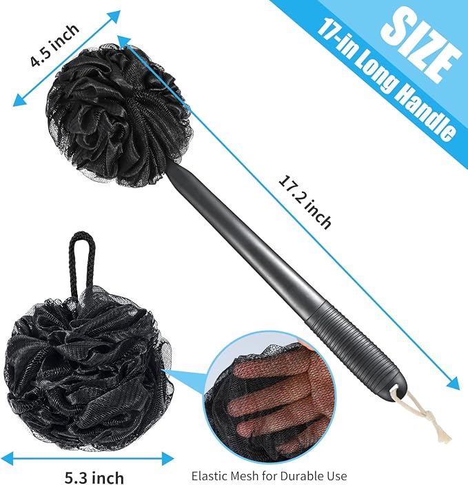 VANZAVANZU Loofah Sponge Set Loofah Exfoliating Body Scrubber, Anti-Slip Plastic 17" Handle Loofah on a Stick with Fluffy Shower Sponge, PE Soft Mesh Shower Loofahs-Black