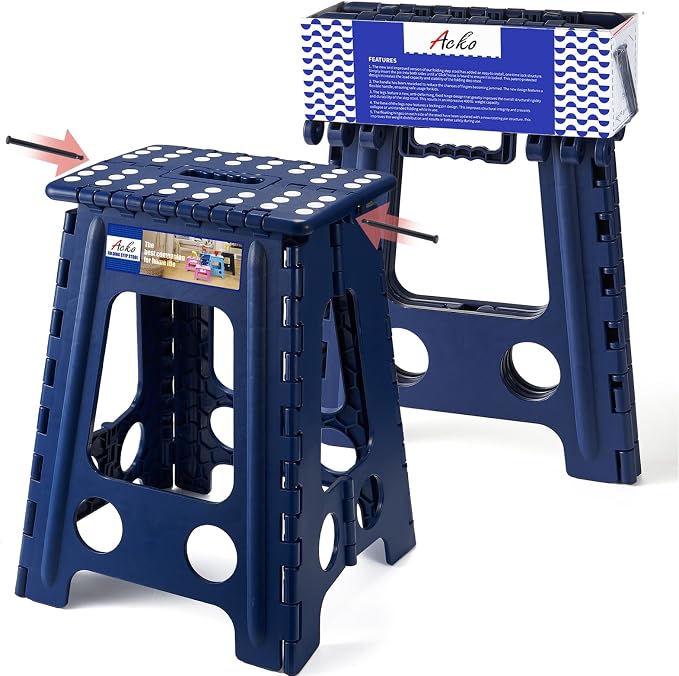 ACKO Folding Step Stool Foldable 17.5 Inch 400 lbs Capacity, Plastic Stools for Adults and Kids, Collapsible Stools for Kitchen, Stepping Stool with Handle(Royal Blue)