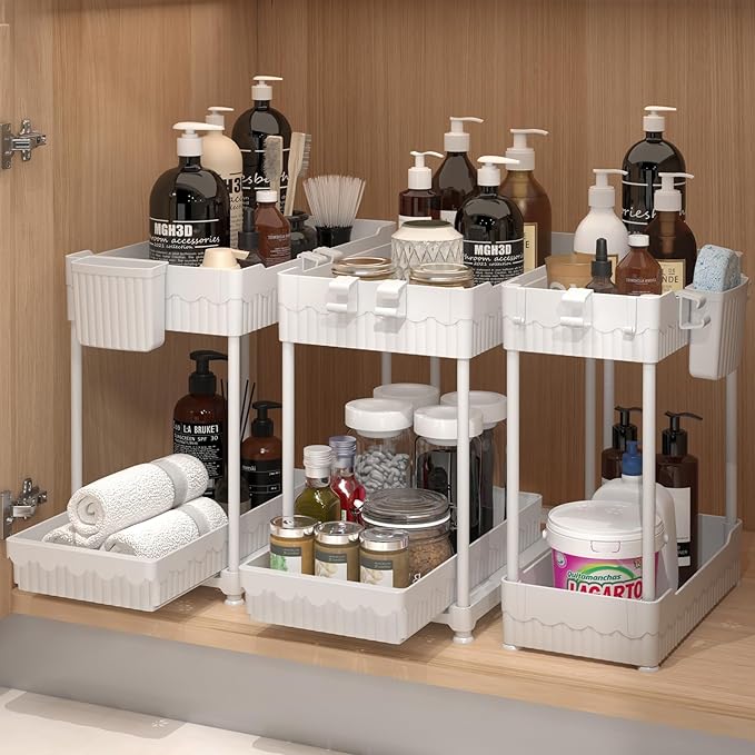 Sevenblue 3 Pack Under Sink Organizers, 2-Tier Multi-Use Kitchen and Bathroom Organizers and Storage with Sliding Drawers, Bathroom Cabinet Organizer (White, 14.8 Inch)