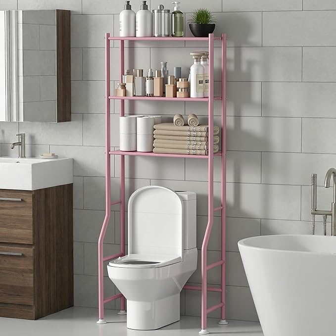 Livilord 3-Tier Over The Toilet Storage Rack, Space Saver Metal Bathroom Shelves, Freestanding Over Toilet Bathroom Organizer for Bathroom/Living Room (Pink)