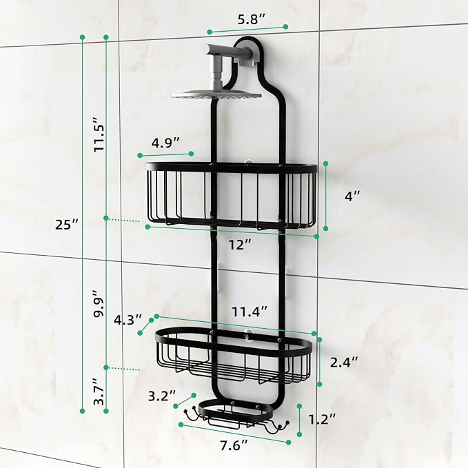 Shower Caddy Hanging, Bathroom Shower Rack, Bathroom Organizer with Soap Dish, Over The Showerhead Caddy with Hooks for Razor/Sponge, Black