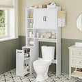 UPOSOJA Over The Toilet Storage Cabinet with Pulley Small Bathroom Storage Cabinet, Space Saver W/Adjustable Shelf & Towel Rack for Bathroom, Restroom, Laundry (White-Type B)