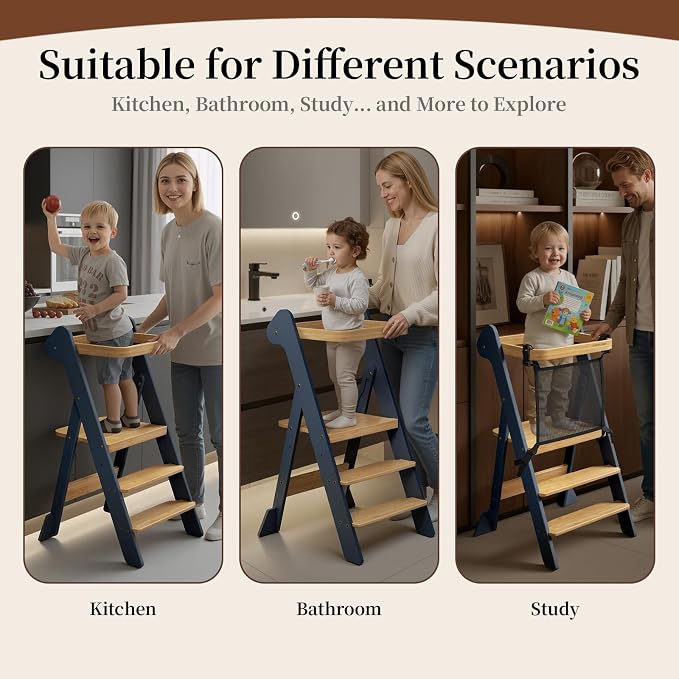 COSYLAND Foldable Standing Tower – IF Design Awarded Toddler Kitchen Step Stool with Safety Net & Large Side Support Legs– Adjustable Toddler Learning Helper Stool (Slate Blue & Natural)-Foldi