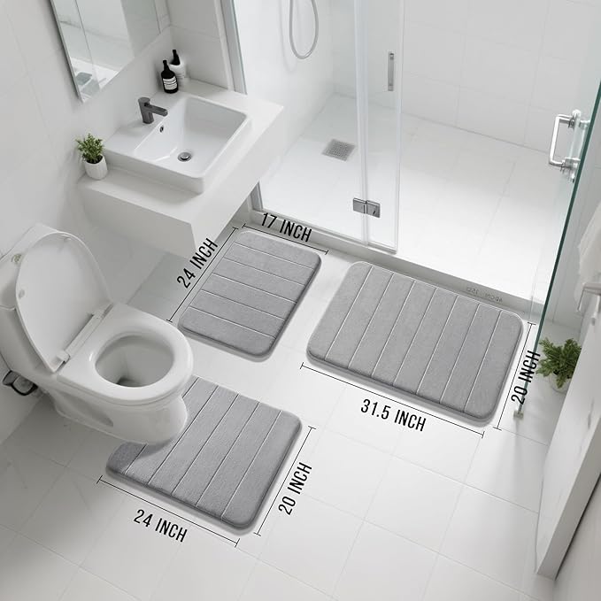 Yimobra Memory Foam Bath Mat Set 3 Pieces- Super Soft Absorbent Quick Dry Bathroom Rug Sets, Machine Washable Non Slip Floor Carpet for Tub Shower, Vanity & Toilet Base, Gray