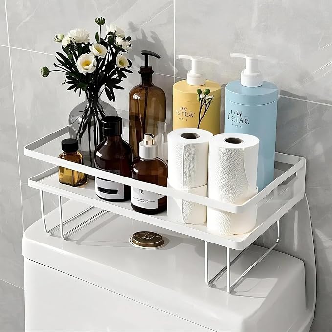 PowerKing Over The Toilet Storage Shelf, Bathroom Organizer Rack with 2 Hooks, No-Drill, Rust-Resistant Steel, Toilet Paper Holder for Restroom Bathroom, White