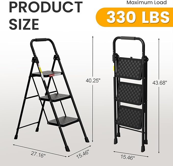 HBTower 3 Step Ladder, Folding Step Stool with Wide Anti-Slip Pedal, Step Stool Foldable with Cushioned Handle for Home and Kitchen, Black