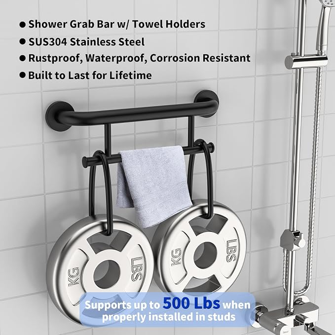 Oil Rubbed Black Grab Bar 17 Inch w/Towel Holder, iHansee Stainless Steel Shower Towel Bar Bathroom Balanced Support Handle, Wall Mount Safety Handrail Grab Rail for Elderly Senior Handicap Disabled