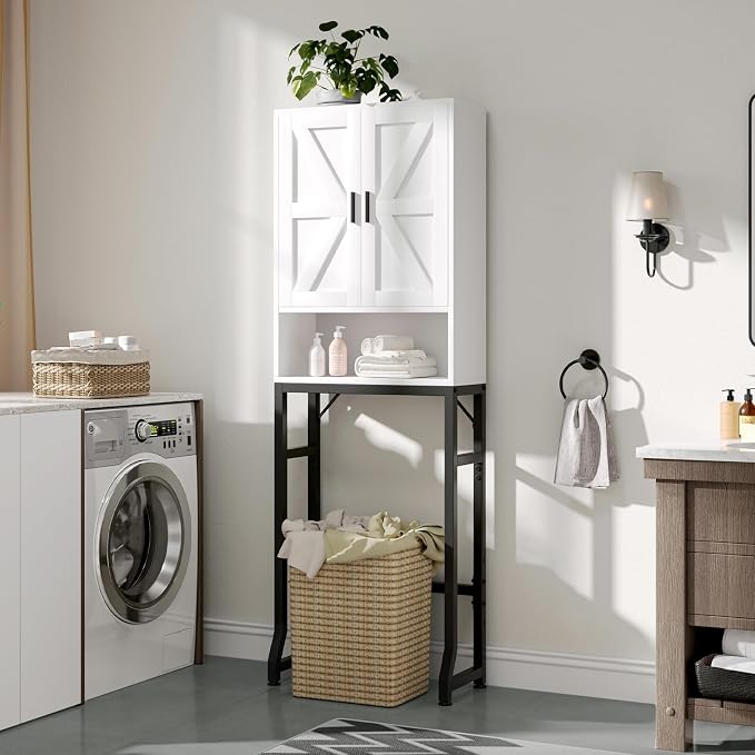 USHOWER Over The Toilet Storage Cabinet, Bathroom Organizers and Storage with Barn Doors, Thicken Metal Stand & MDF Wood Above Toilet Storage Cabinet, Freestanding Space Saver, White