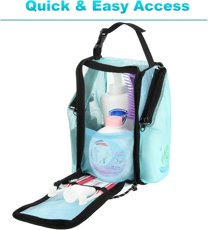 Cosmos Mesh Shower Caddy Toiletry Organizer Hanging Shower Tote Bag, Quick Dry Shower Organizer Portable Bath Bag with Durable Zippers & Side Pockets for Travel Gym Swimming Beach & Camp (Aqua Blue)