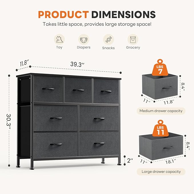 Sweetcrispy 7 Drawer Dresser with Fabric Bins Fabric Storage Tower Organizer for Bedroom Closet Hallway Entryway Tall Chest of Drawers with Steel Frame Wood Top Easy Pull Handles,Dark Gray