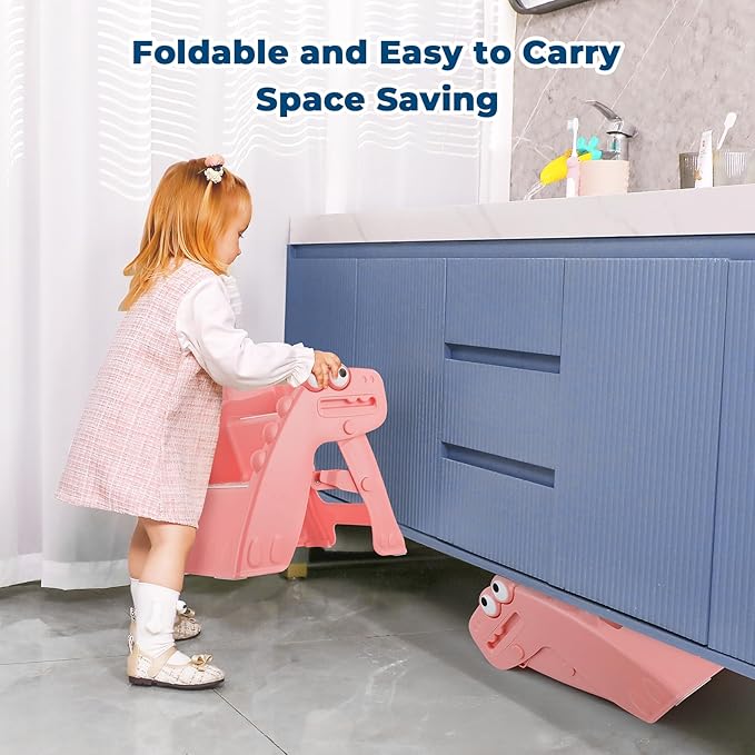 Onasti Toddler Step Stool Foldable Kids Step Stool,Bathroom Stool for Toddlers Non-Slip Toddler Step Stool for Bathroom Sink and Kitchen Counter with Cute Dinosaur Design(Pink)