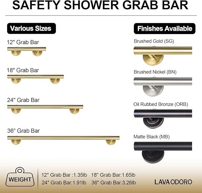 Lava Odoro Shower Grab Bar, Modern Stainless Steel Handicap Grab Bar for Bathtubs and Showers, Shower Safety Bar for Seniors Disabled, ADA-Compliant (Brushed Gold, 12 Inch)