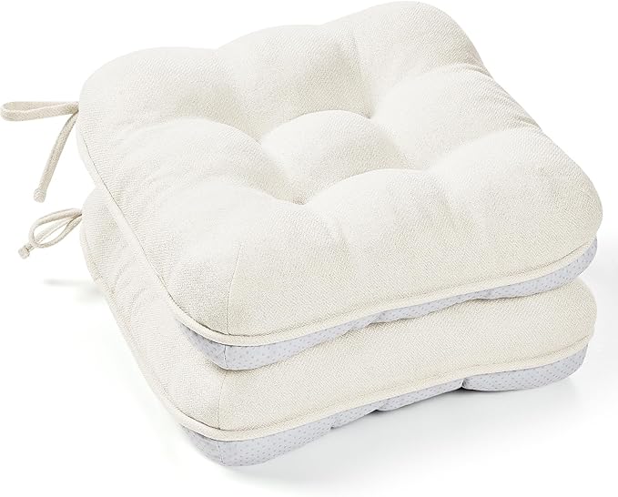 BETU White Chair Cushions for Dining Chairs Set of 2,3.5" Thick Kitchen Table Chair Pads with Ties,Non Slip Backing and Covers, Seat Cushion for Dining Room,Bar,Patio Chairs,15.5"X15.5"X3.5",White