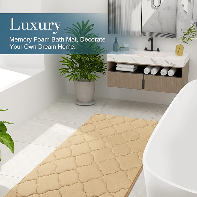 OLANLY Memory Foam Bath Mat Rug 24x16, Ultra Soft and Absorbent Bathroom Rugs, Non-Slip, Comfortable, Machine Washable Bath Carpet for Bathroom Floor, Tub, Shower and Home Decor Accessories, Beige