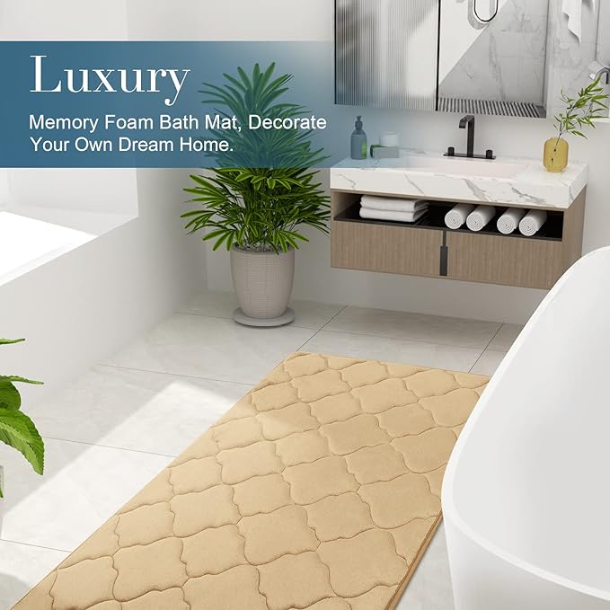 OLANLY Memory Foam Bath Mat Rug 47x17, Ultra Soft and Absorbent Bathroom Rugs, Non-Slip, Comfortable, Machine Washable Bath Carpet for Bathroom Floor, Tub, Shower and Home Decor Accessories, Beige