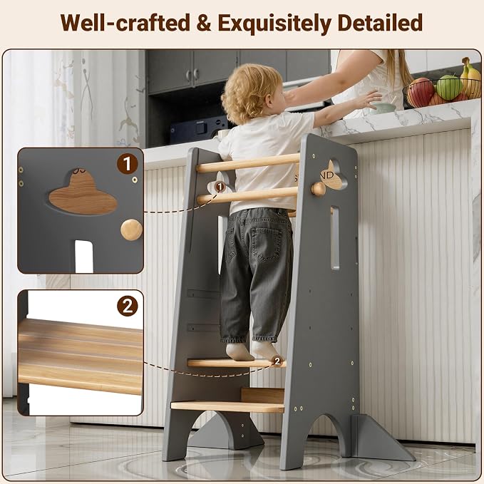 COSYLAND Adjustable Toddler Standing Tower (NO Backing Board) - Stable Toddler Step Stool with 4 Stabilizing Blocks - 3 Levels Height Adjustable Kids Kitchen Stool Helper (Natural & Light Gray)