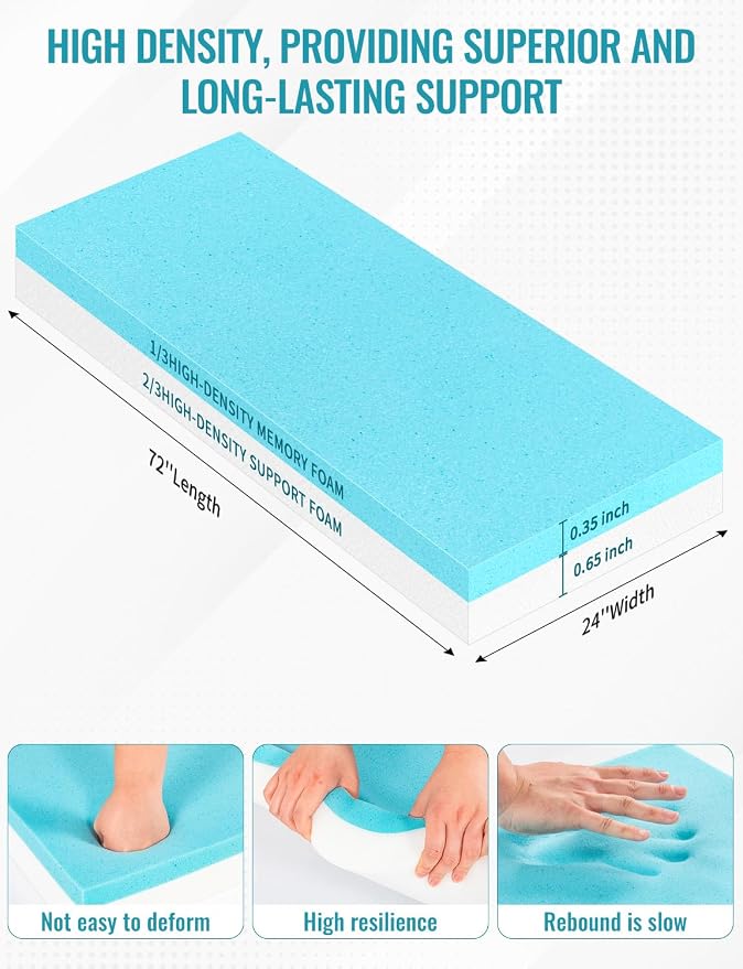 POYNUC Memory Foam Pad,1" Thick Gel Infused Cushion for Mattress Topper Pet Bed Gaming Chair RV Outdoor Sofa Breathable Low VOCs Cut to Size (24 * 72 * 1 in)