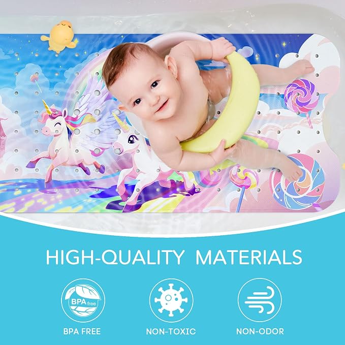 SHUCHING Girl Unicorn Bath Mat for Tub Non Slip-40 X 16 Inch, Kids Bathtub Mat Non Slip, Long Shower Mat Anti Slip for Bathroom, Machine Washable